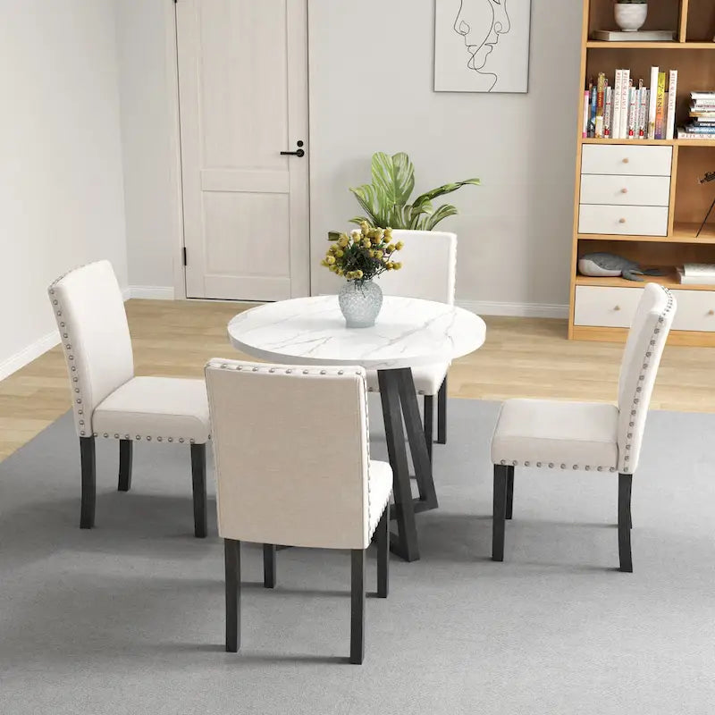Juego de comedor de 5 piezas con cubierta de imitación mármol blanco, patas de madera natural, capacidad para 4 personas