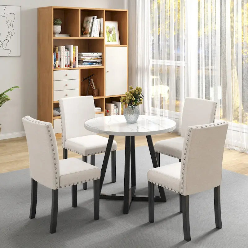 Juego de comedor de 5 piezas con cubierta de imitación mármol blanco, patas de madera natural, capacidad para 4 personas