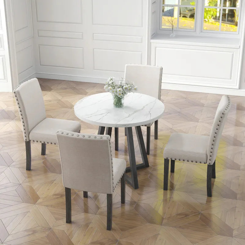 Juego de comedor de 5 piezas con cubierta de imitación mármol blanco, patas de madera natural, capacidad para 4 personas