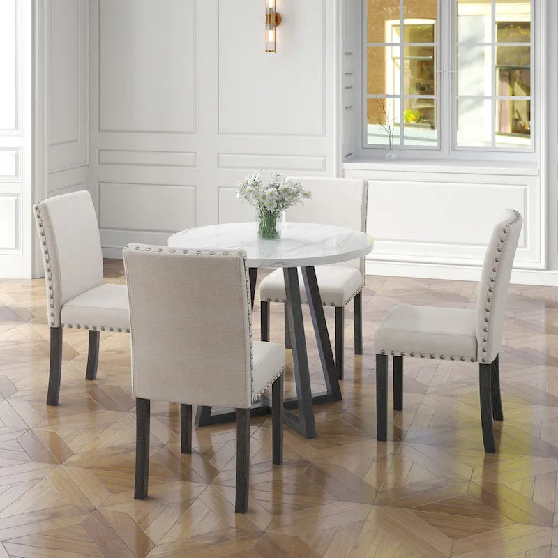 Juego de comedor de 5 piezas con cubierta de imitación mármol blanco, patas de madera natural, capacidad para 4 personas