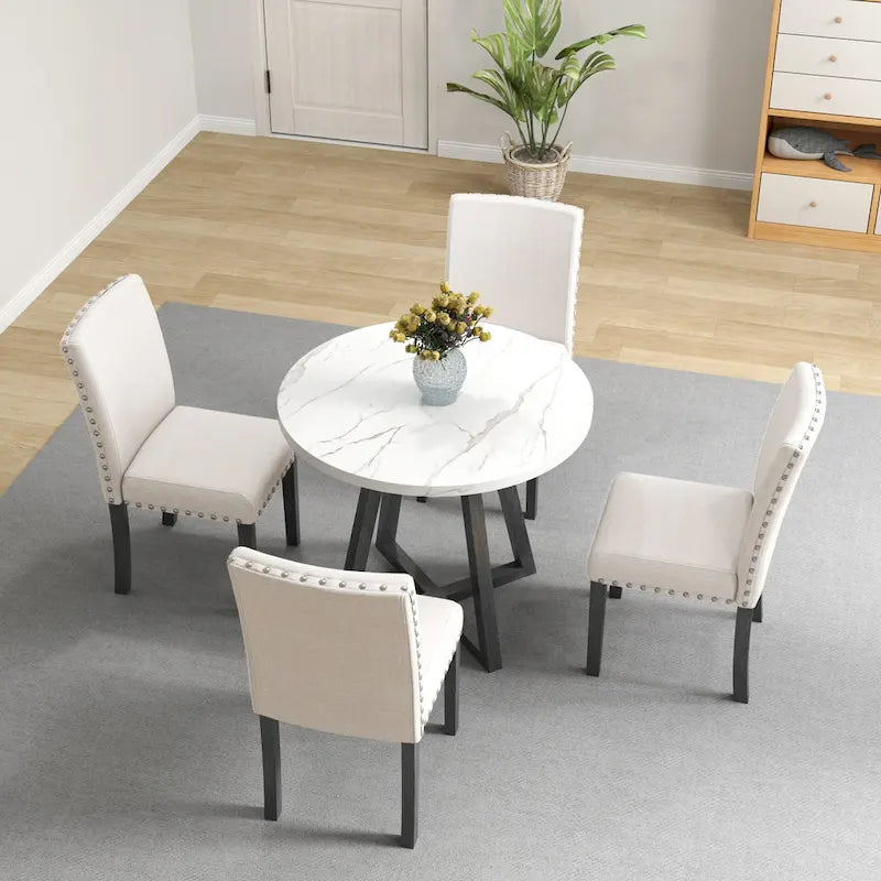 Juego de comedor de 5 piezas con cubierta de imitación mármol blanco, patas de madera natural, capacidad para 4 personas