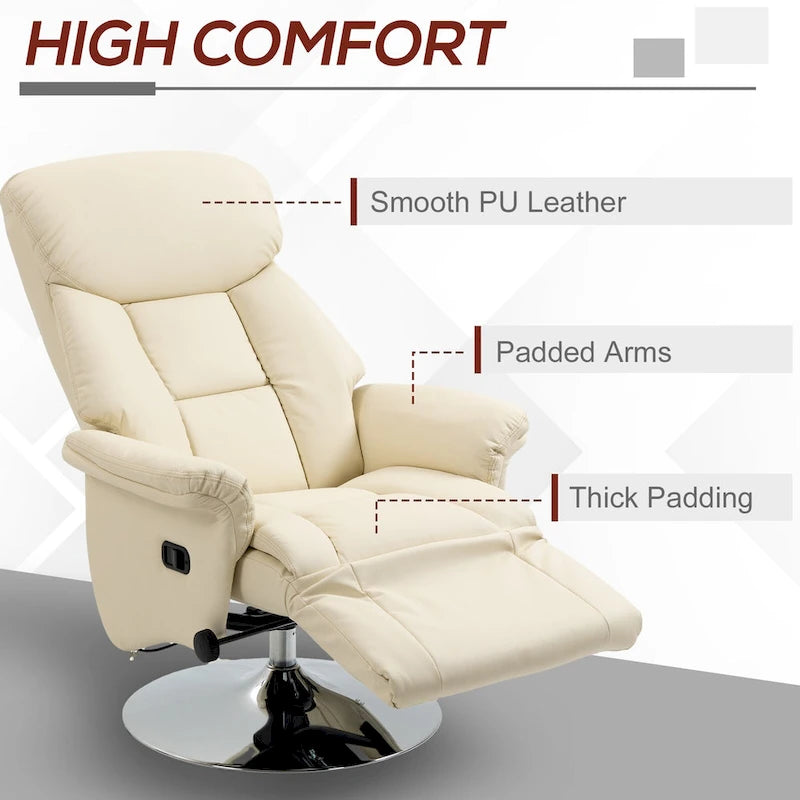 Sillón reclinable para adultos, reclinable giratorio ajustable con reposapiés, brazos acolchados, tapicería de cuero sintético y base de acero