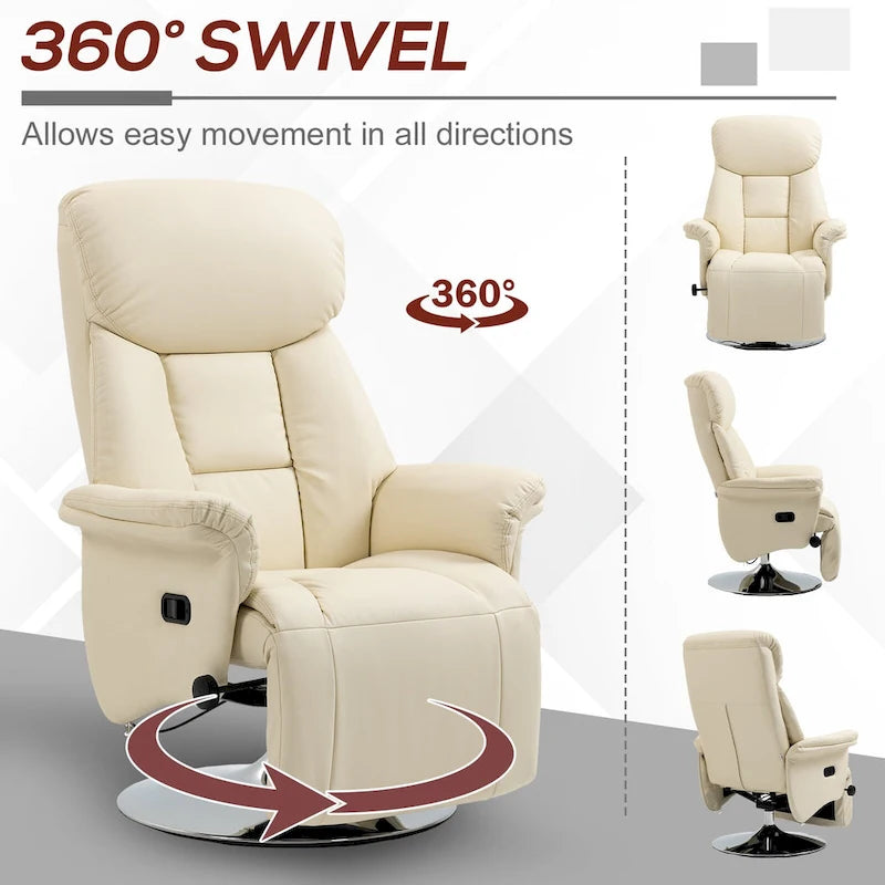 Sillón reclinable para adultos, reclinable giratorio ajustable con reposapiés, brazos acolchados, tapicería de cuero sintético y base de acero