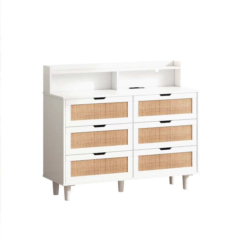 Mueble de almacenamiento con cajones de ratán blanco con luces LED y toma de corriente, ideal para dormitorio y sala de estar, tamaño 43.31