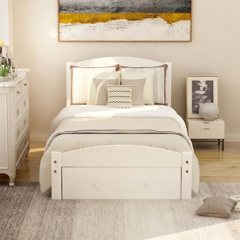 Base de cama individual con plataforma, cajón de almacenamiento y soporte de láminas de madera, no necesita somier