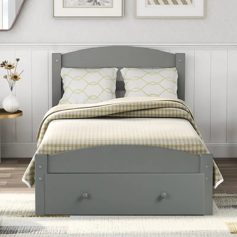 Base de cama individual con plataforma, cajón de almacenamiento y soporte de láminas de madera, no necesita somier