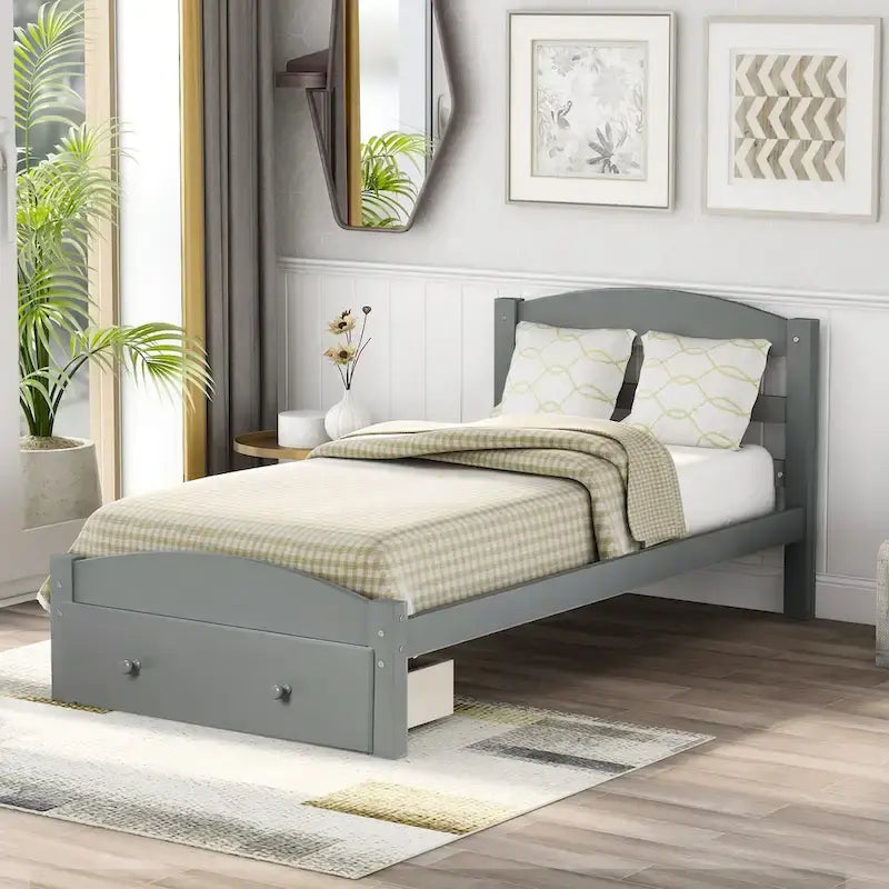 Base de cama individual con plataforma, cajón de almacenamiento y soporte de láminas de madera, no necesita somier