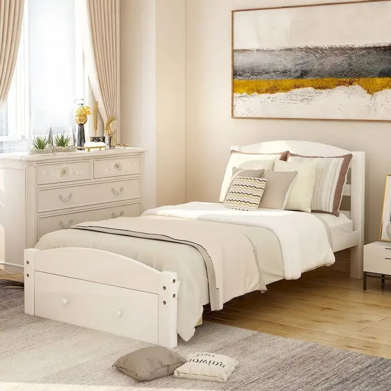 Base de cama individual con plataforma, cajón de almacenamiento y soporte de láminas de madera, no necesita somier