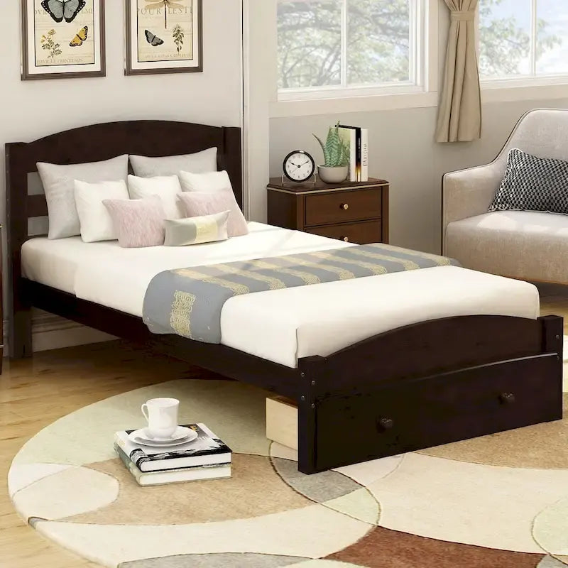Base de cama individual con plataforma, cajón de almacenamiento y soporte de láminas de madera, no necesita somier