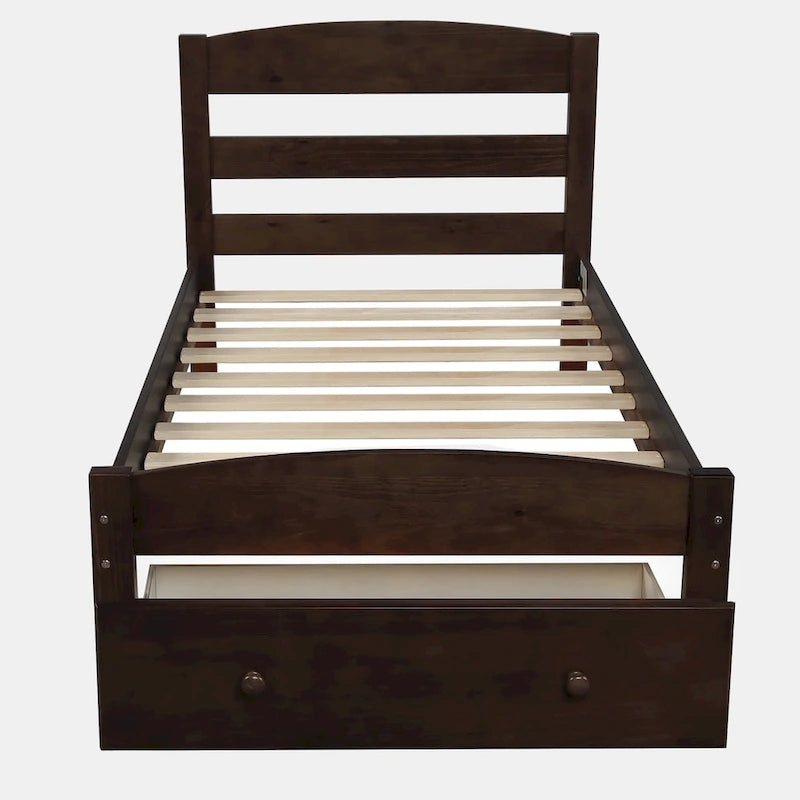 Base de cama individual con plataforma, cajón de almacenamiento y soporte de láminas de madera, no necesita somier