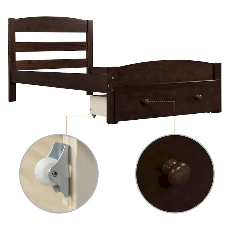 Base de cama individual con plataforma, cajón de almacenamiento y soporte de láminas de madera, no necesita somier