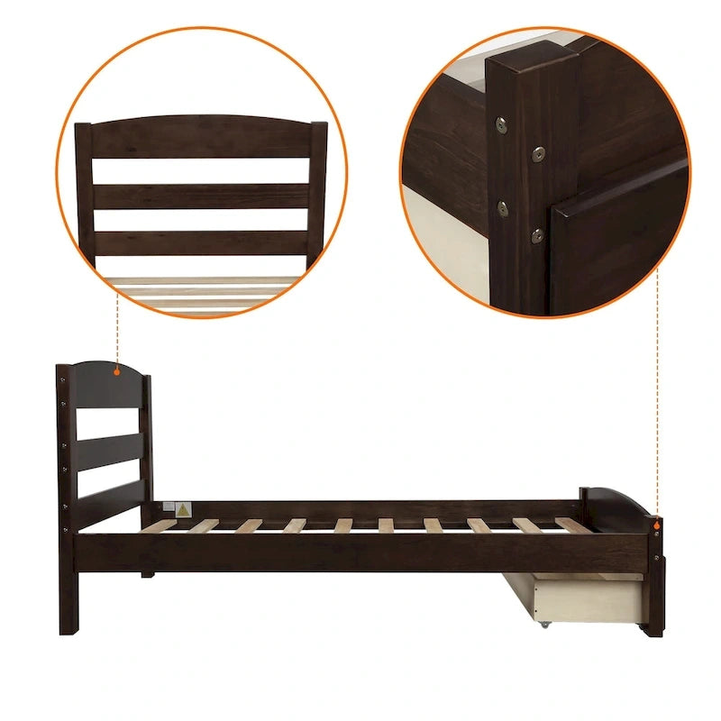 Base de cama individual con plataforma, cajón de almacenamiento y soporte de láminas de madera, no necesita somier