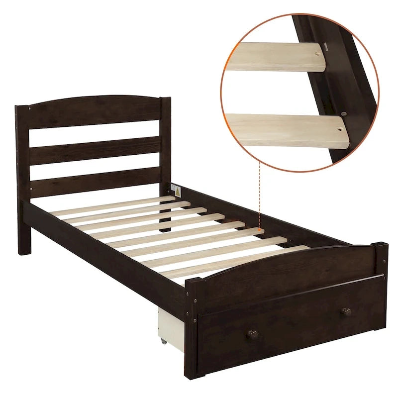 Base de cama individual con plataforma, cajón de almacenamiento y soporte de láminas de madera, no necesita somier