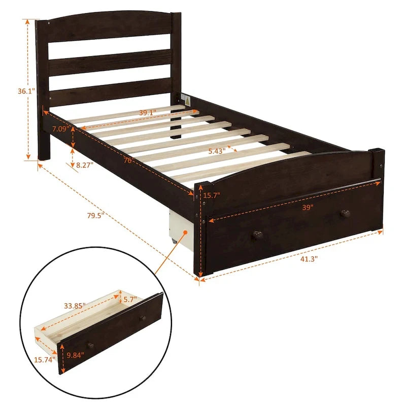 Base de cama individual con plataforma, cajón de almacenamiento y soporte de láminas de madera, no necesita somier