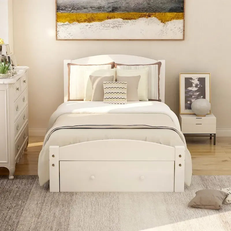 Base de cama individual con plataforma, cajón de almacenamiento y soporte de láminas de madera, no necesita somier