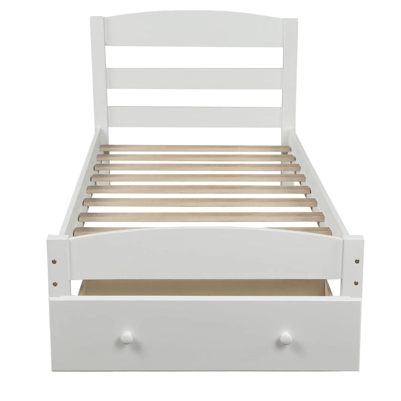 Base de cama individual con plataforma, cajón de almacenamiento y soporte de láminas de madera, no necesita somier