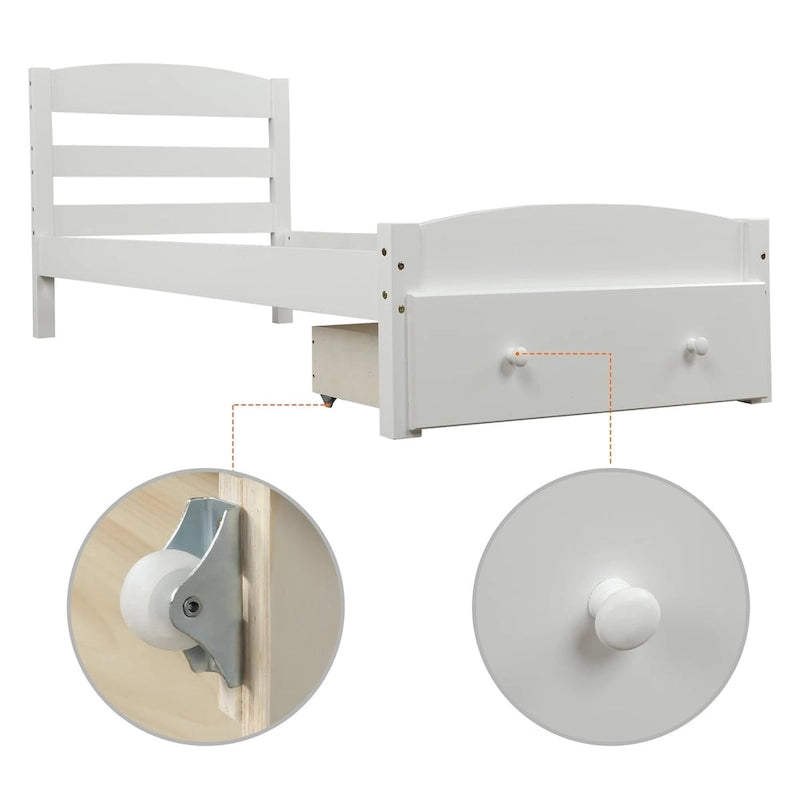 Base de cama individual con plataforma, cajón de almacenamiento y soporte de láminas de madera, no necesita somier