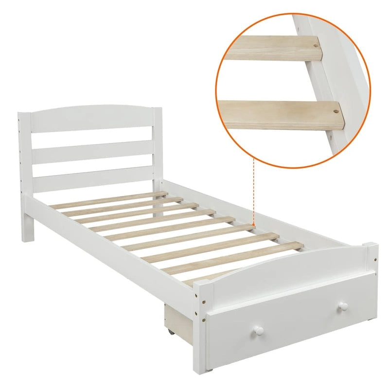 Base de cama individual con plataforma, cajón de almacenamiento y soporte de láminas de madera, no necesita somier
