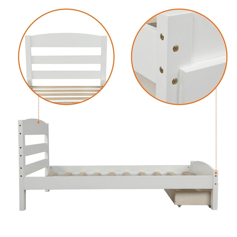 Base de cama individual con plataforma, cajón de almacenamiento y soporte de láminas de madera, no necesita somier