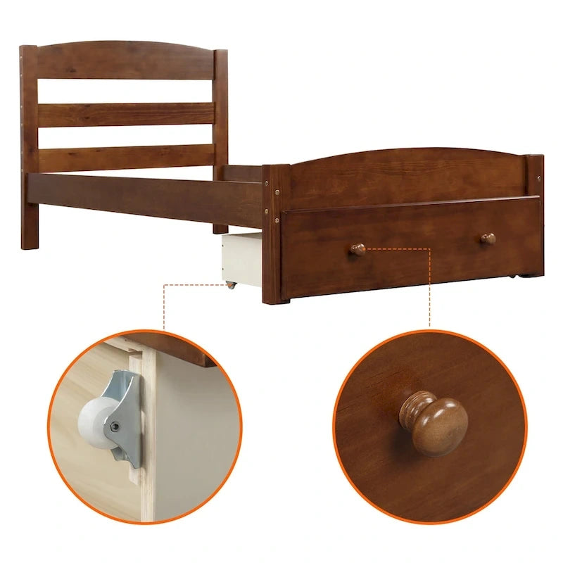 Base de cama individual con plataforma, cajón de almacenamiento y soporte de láminas de madera, no necesita somier
