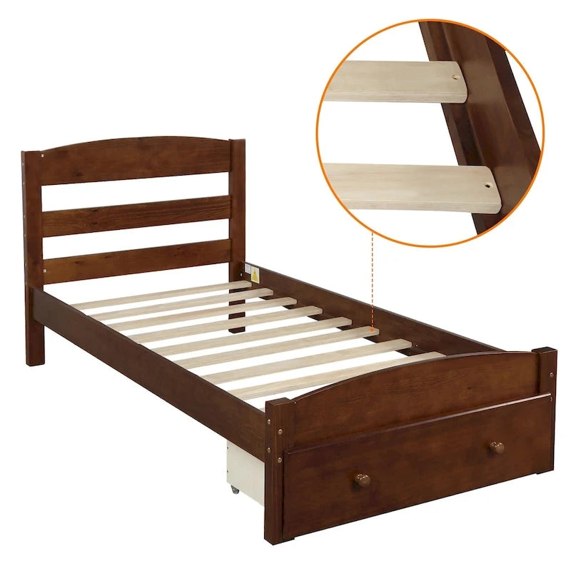 Base de cama individual con plataforma, cajón de almacenamiento y soporte de láminas de madera, no necesita somier
