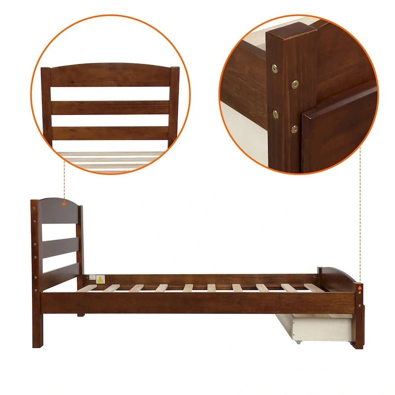 Base de cama individual con plataforma, cajón de almacenamiento y soporte de láminas de madera, no necesita somier