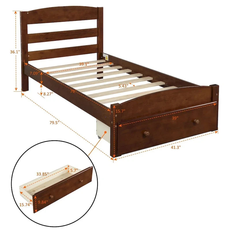 Base de cama individual con plataforma, cajón de almacenamiento y soporte de láminas de madera, no necesita somier