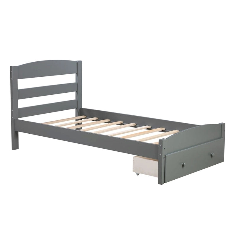 Base de cama individual con plataforma, cajón de almacenamiento y soporte de láminas de madera, no necesita somier