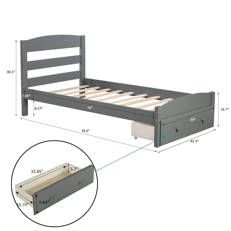 Base de cama individual con plataforma, cajón de almacenamiento y soporte de láminas de madera, no necesita somier