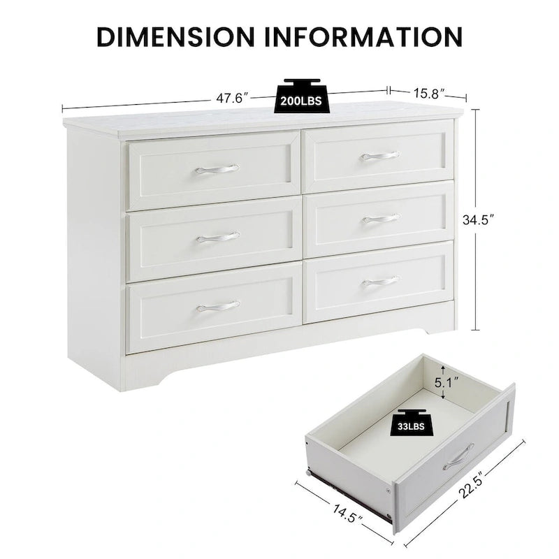 47.8 Cómoda moderna de dormitorio con 6 cajones - N/A