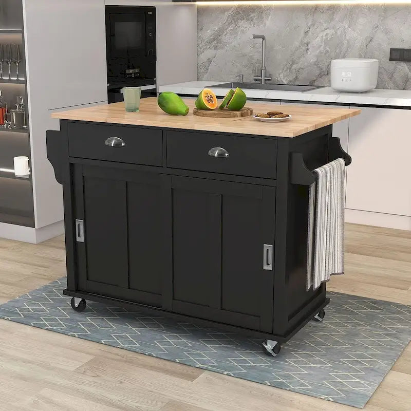 Carro de cocina negro/blanco/verde menta con hoja abatible y puerta corrediza estilo granero | Ruedas | 1 persona