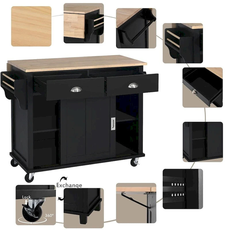Carro de cocina negro/blanco/verde menta con hoja abatible y puerta corrediza estilo granero | Ruedas | 1 persona