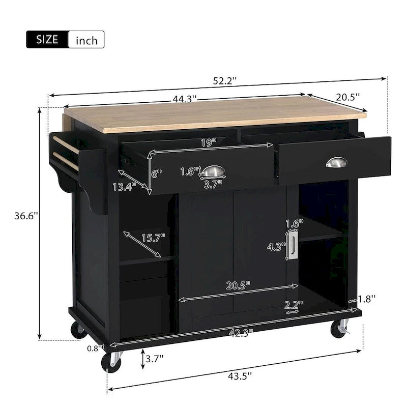 Carro de cocina negro/blanco/verde menta con hoja abatible y puerta corrediza estilo granero | Ruedas | 1 persona