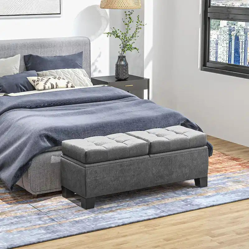 Button Tufted Storage Bench with Safety Hinges