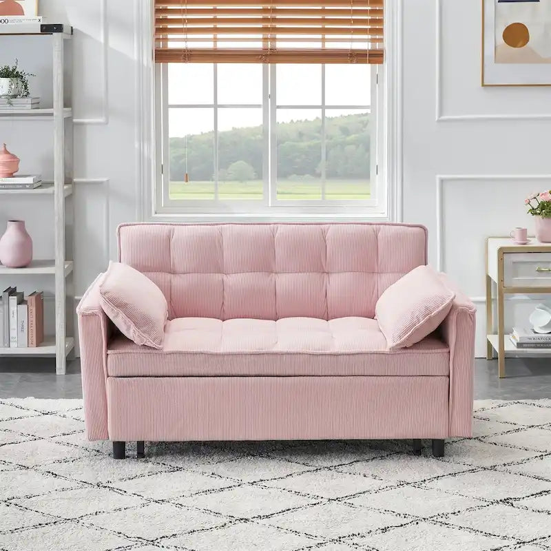 Sofá cama convertible de pana beige/rosa/naranja/gris, respaldo ajustable, 2 plazas