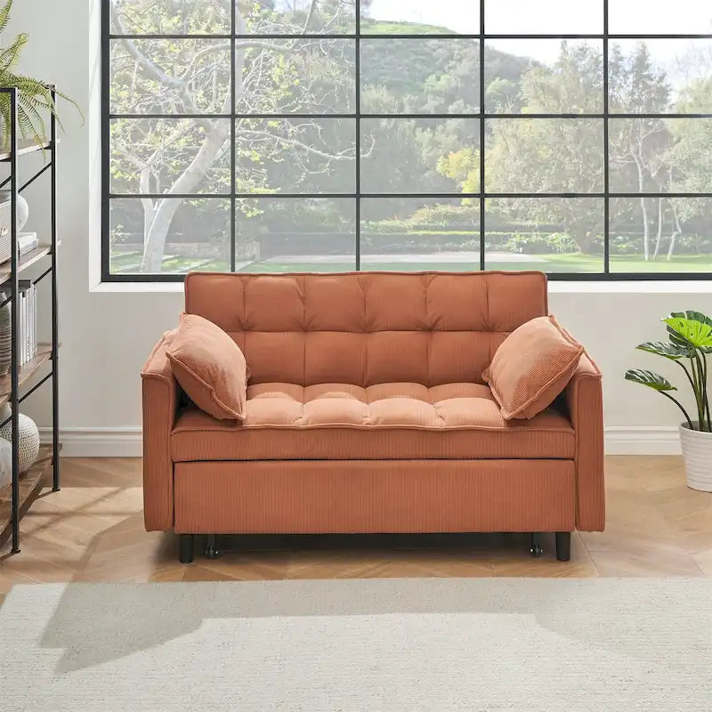 Sofá cama convertible de pana beige/rosa/naranja/gris, respaldo ajustable, 2 plazas