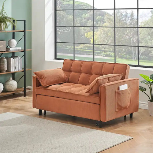 Sofá cama convertible de pana beige/rosa/naranja/gris, respaldo ajustable, 2 plazas