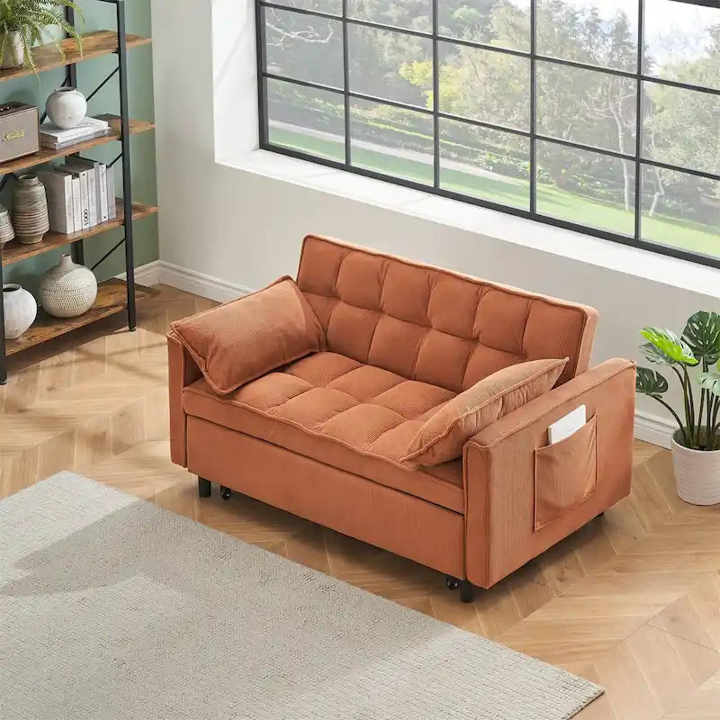 Sofá cama convertible de pana beige/rosa/naranja/gris, respaldo ajustable, 2 plazas