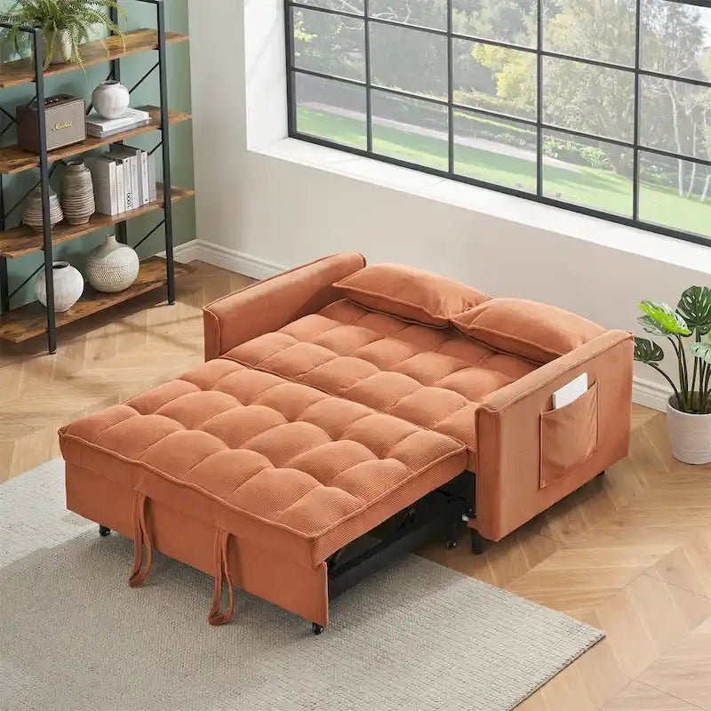 Sofá cama convertible de pana beige/rosa/naranja/gris, respaldo ajustable, 2 plazas