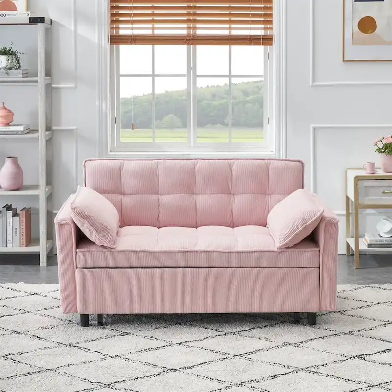 Sofá cama convertible de pana beige/rosa/naranja/gris, respaldo ajustable, 2 plazas