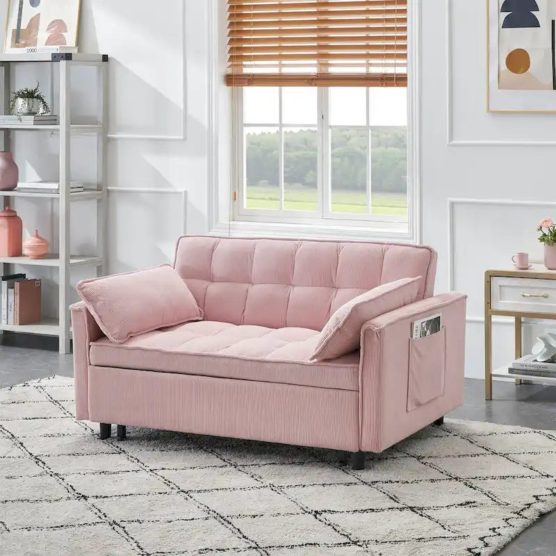 Sofá cama convertible de pana beige/rosa/naranja/gris, respaldo ajustable, 2 plazas