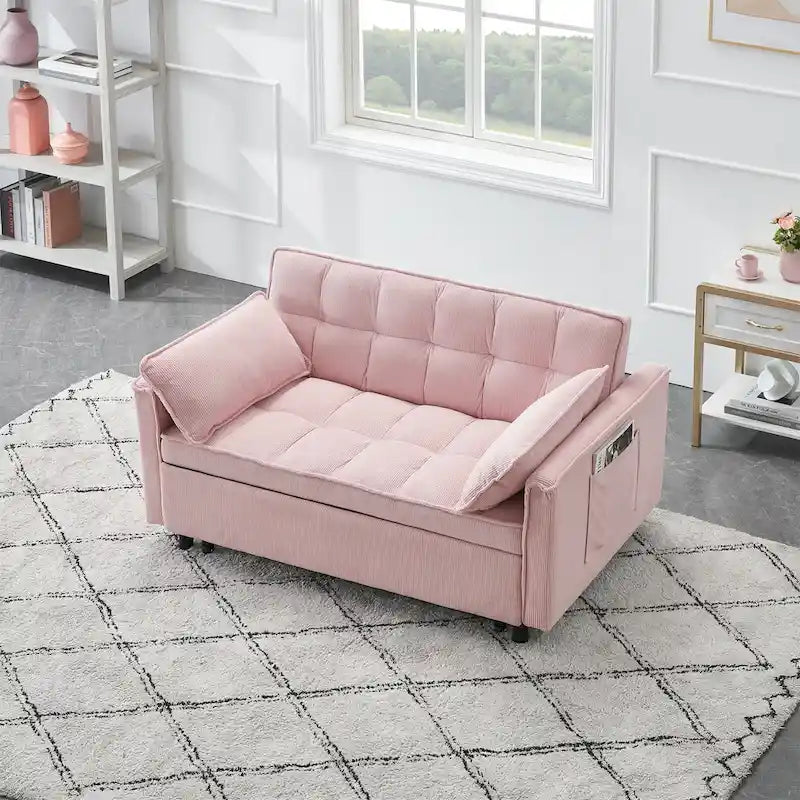 Sofá cama convertible de pana beige/rosa/naranja/gris, respaldo ajustable, 2 plazas