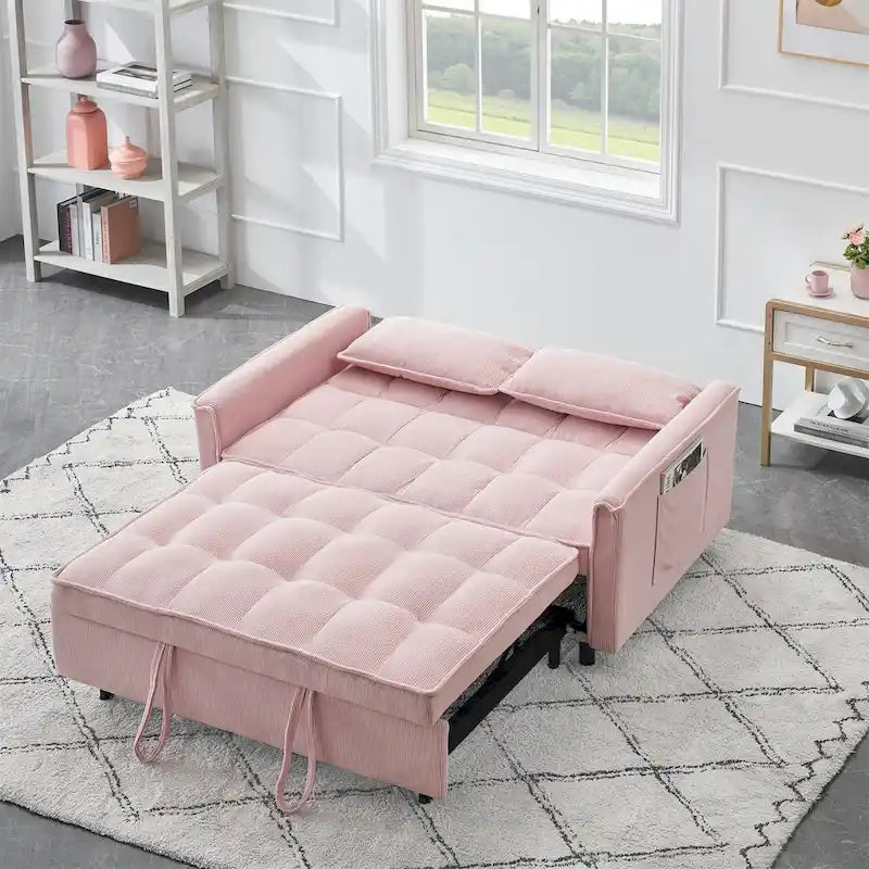 Sofá cama convertible de pana beige/rosa/naranja/gris, respaldo ajustable, 2 plazas