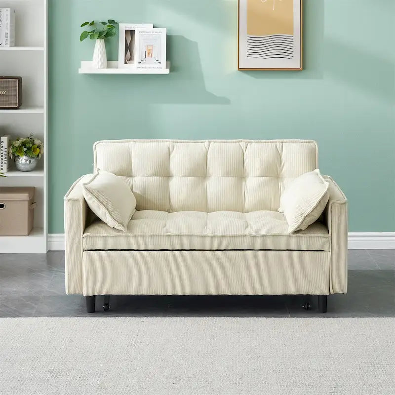 Sofá cama convertible de pana beige/rosa/naranja/gris, respaldo ajustable, 2 plazas