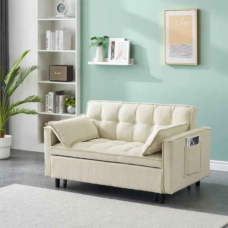 Sofá cama convertible de pana beige/rosa/naranja/gris, respaldo ajustable, 2 plazas