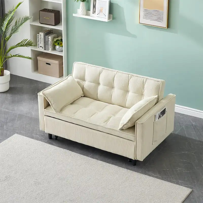 Sofá cama convertible de pana beige/rosa/naranja/gris, respaldo ajustable, 2 plazas