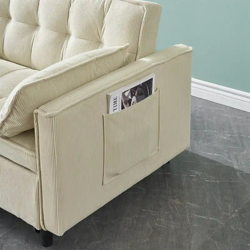 Sofá cama convertible de pana beige/rosa/naranja/gris, respaldo ajustable, 2 plazas