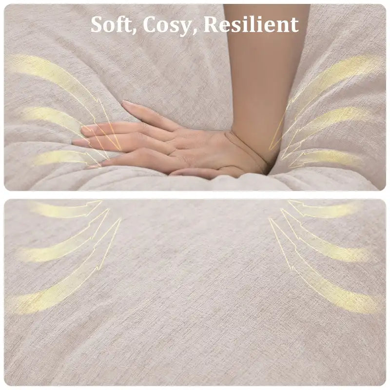 Sofá seccional reversible de chenilla en forma de L de color beige con otomana, puertos USB y portavasos