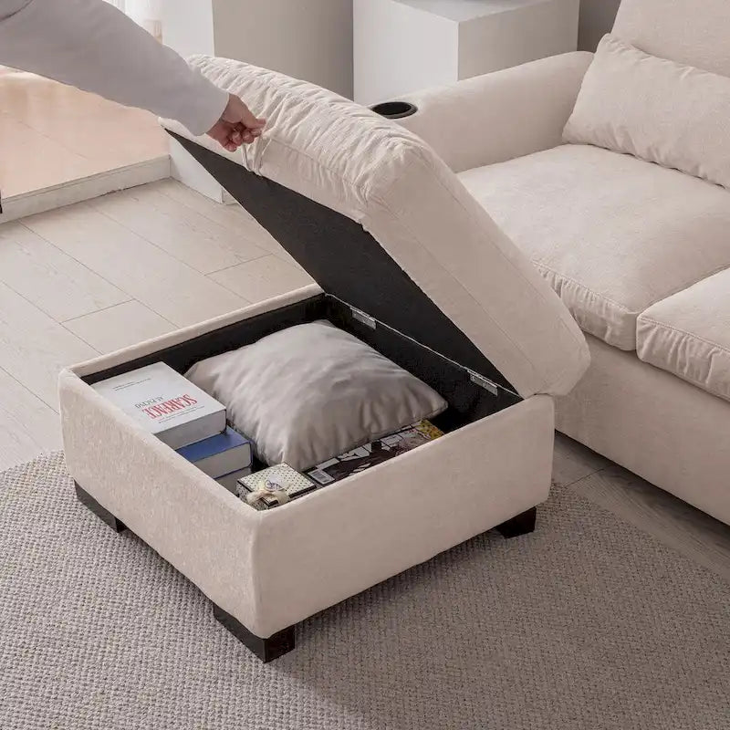 Sofá seccional reversible de chenilla en forma de L de color beige con otomana, puertos USB y portavasos