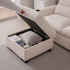 Sofá seccional reversible de chenilla en forma de L de color beige con otomana, puertos USB y portavasos